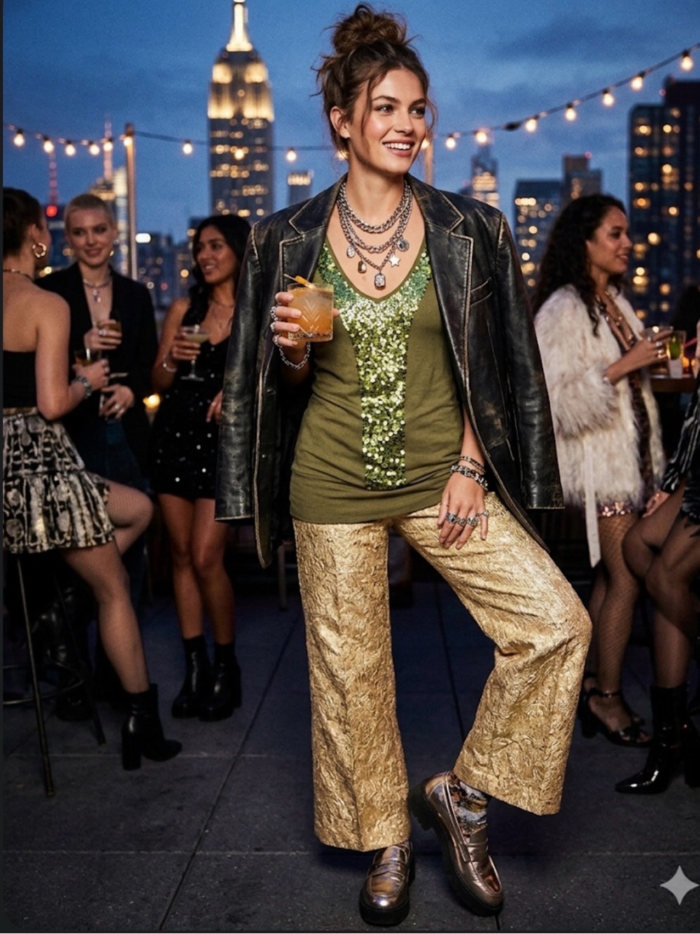 Y2K Bebe Sleeveless Olive Green Sequin V-Neck Dress/Tunic